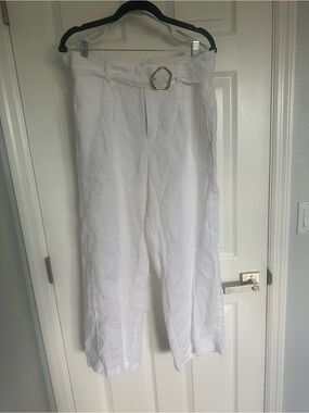 White Linen-Blend Trousers with Belt